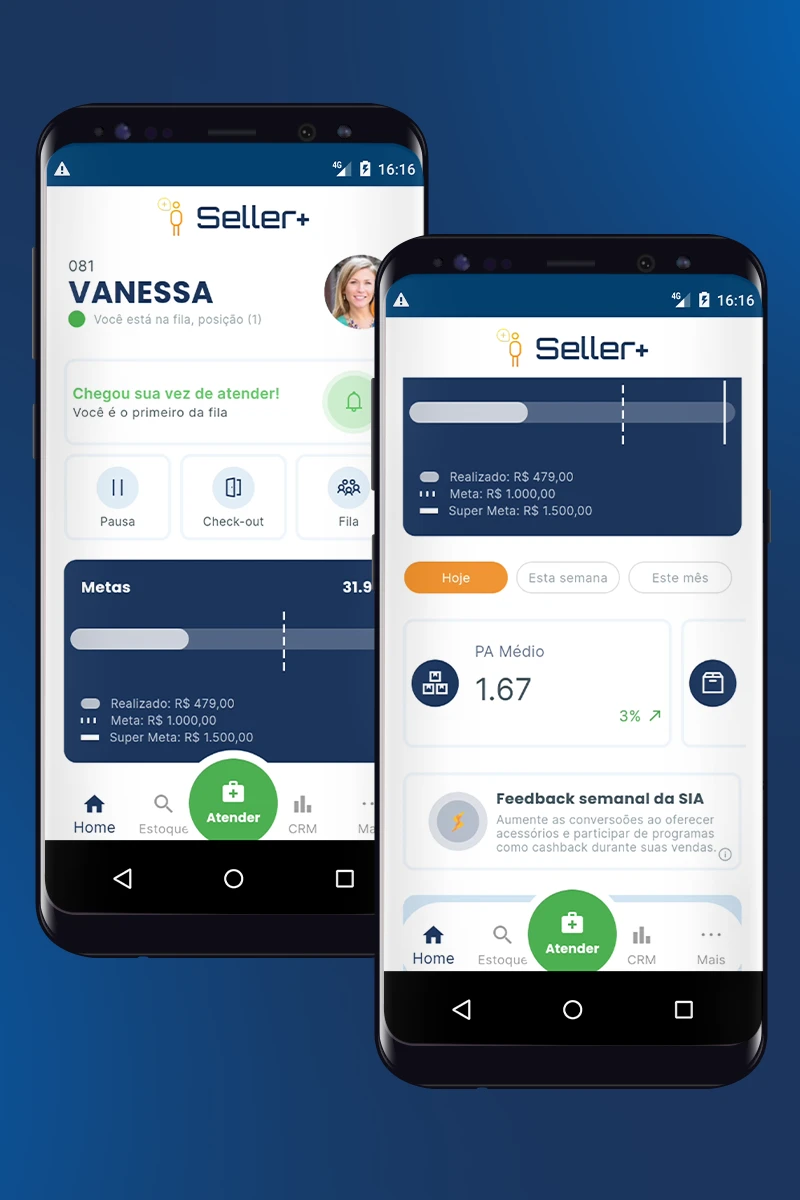 Dois celulares mostrando o Seller+, solução da Server.